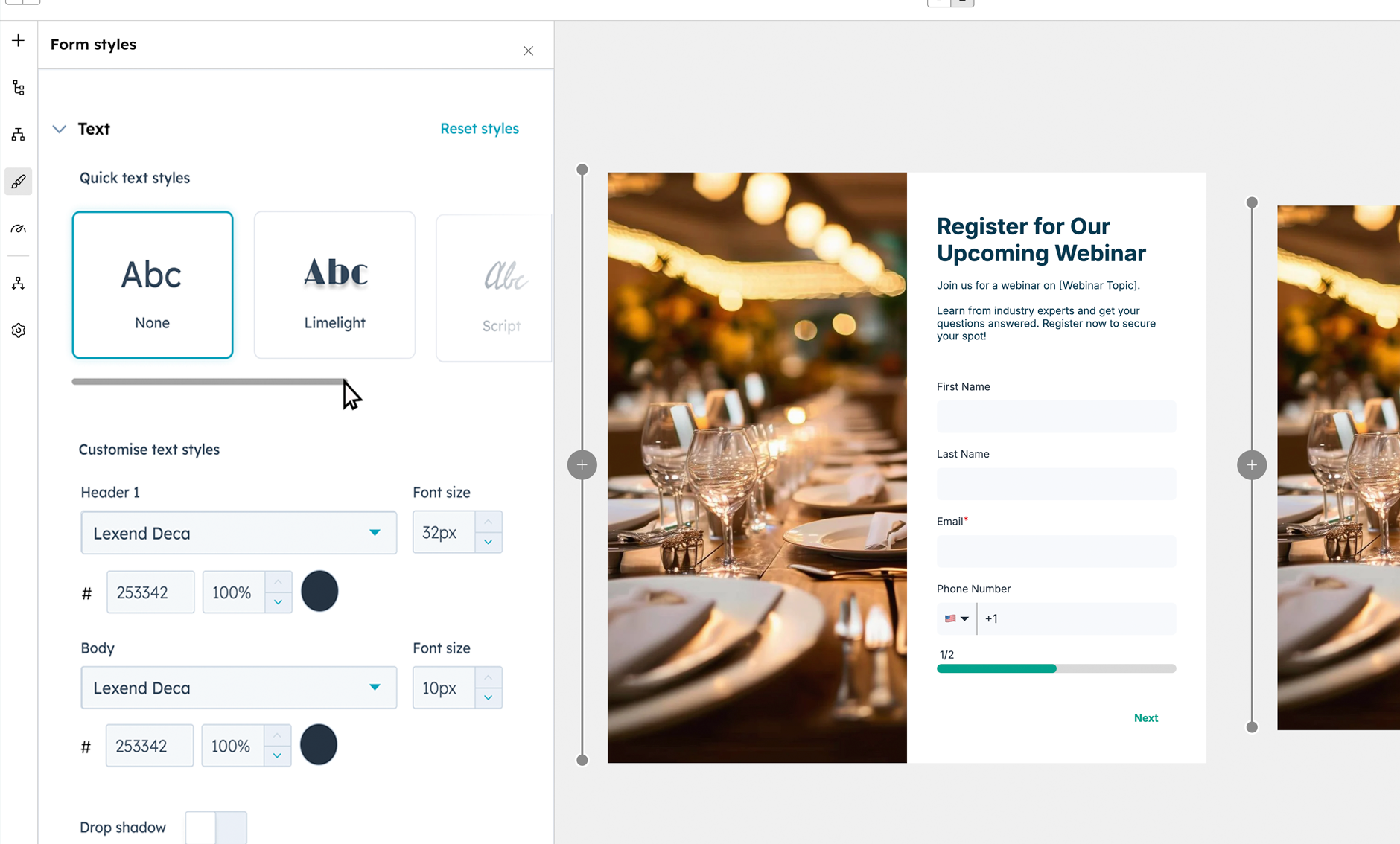 Global and local styling controls in the Forms editor